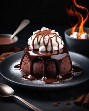 Professional food photography of a chocolate dessert. Pudding with sauce, cream, and cinnamon. Concept: dessert, holiday, cake, pastry, culinary, restaurant, chef.