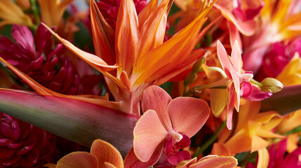 Fototapeta premium Orange Bird of Paradise and Pink Orchids Form a Tropical Bouquet