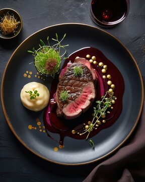 Juicy medium-rare beef steak on a black plate with red wine sauce and mashed potatoes. Garnished with microgreens. Fine dining, a delicious meat dish, for a menu, steakhouse, delicacy.