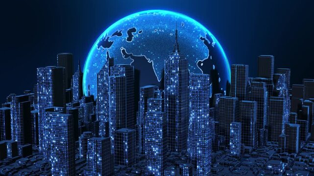 Large glowing globe futuristic buildings powerful global technology international connectivity, worldwide commerce, digital infrastructure, smart cities, cloud systems and enterprise innovation.