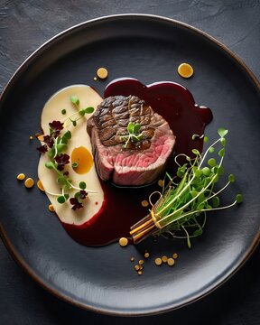 Juicy medium-rare beef steak on a black plate with red wine sauce and mashed potatoes. Garnished with microgreens. Fine dining, a delicious meat dish, for a menu, steakhouse, delicacy.
