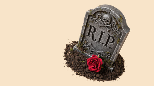 Tombstone prop with RIP inscription and red rose