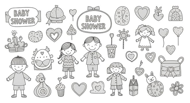 Baby snower winter clothing line icons set.