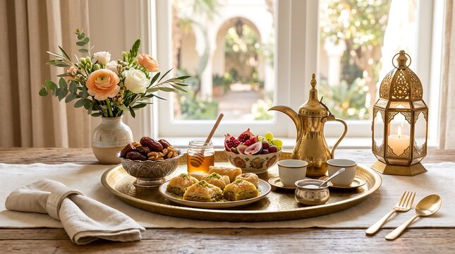 Elegant moroccan tea set with pastries and fresh fruits arranged beautifully on a wooden table