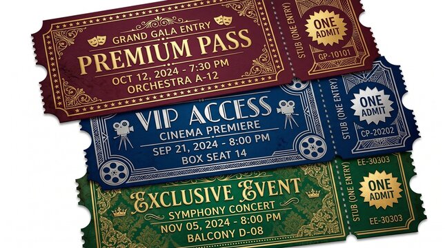 Vintage style event tickets for gala cinema and concert on white background