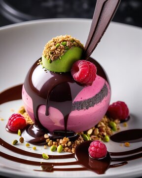 An exquisite dessert in the form of a pink sphere with chocolate ganache, raspberries and pistachios. Restaurant serving on a dark plate. Haute cuisine, sweet delicacy, holiday, cake, pastry, cooking.