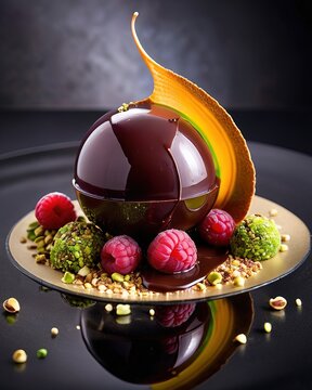 An exquisite dessert in the form of a pink sphere with chocolate ganache, raspberries and pistachios. Restaurant serving on a dark plate. Haute cuisine, sweet delicacy, holiday, cake, pastry, cooking.