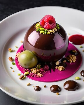 An exquisite dessert in the form of a pink sphere with chocolate ganache, raspberries and pistachios. Restaurant serving on a dark plate. Haute cuisine, sweet delicacy, holiday, cake, pastry, cooking.
