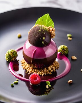 An exquisite dessert in the form of a pink sphere with chocolate ganache, raspberries and pistachios. Restaurant serving on a dark plate. Haute cuisine, sweet delicacy, holiday, cake, pastry, cooking.