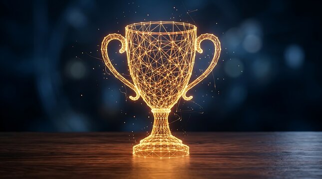 Golden glowing trophy cup digital wireframe glowing particles on wooden surface symbolizing achievement success and victory in competition, abstract background with bokeh lights.