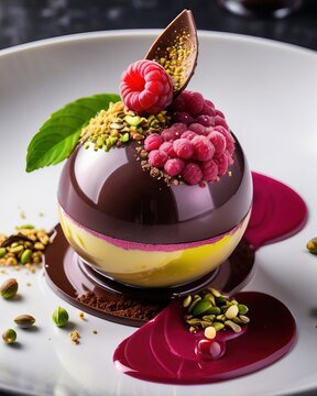An exquisite dessert in the form of a pink sphere with chocolate ganache, raspberries and pistachios. Restaurant serving on a dark plate. Haute cuisine, sweet delicacy, holiday, cake, pastry, cooking.