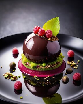 An exquisite dessert in the form of a pink sphere with chocolate ganache, raspberries and pistachios. Restaurant serving on a dark plate. Haute cuisine, sweet delicacy, holiday, cake, pastry, cooking.