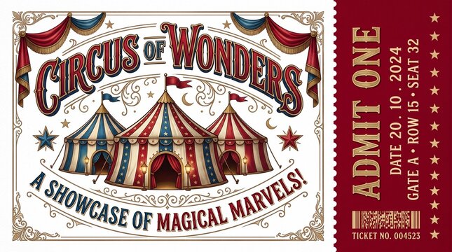 Vintage circus ticket design with carnival tent illustration and admit one text