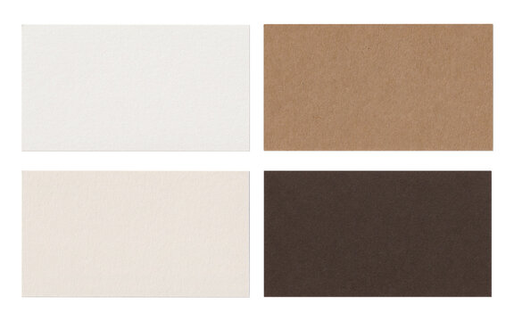 Isolated 4 natural textured business cards mockup set on transparent background, high resolution white ivory craft dark brown paper sheets