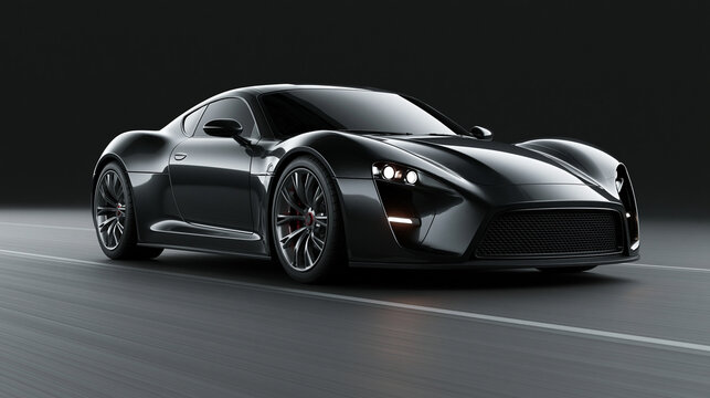 Sleek black sports car driving fast on empty asphalt road for automotive advertising and high performance branding.