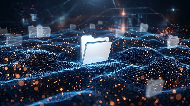Digital abstract concept of data storage and organization with glowing folders and digital particles on a dark wavy background representing information flow.