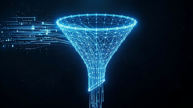 Digital abstract funnel shape made of geometric network structure processing data streams on a dark background for big data analysis and filtering concept.