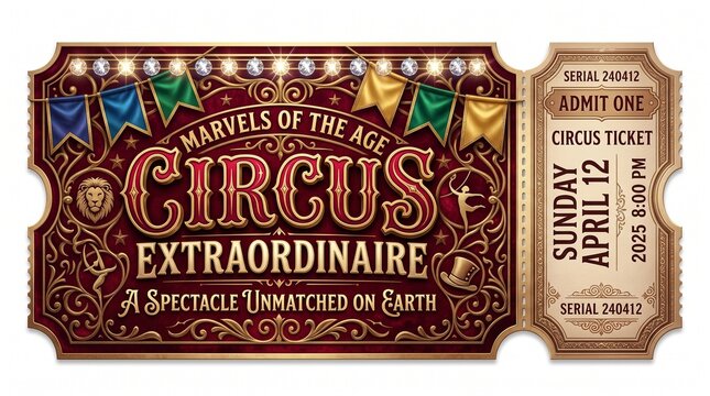 Vintage circus ticket design with ornate typography on a white background