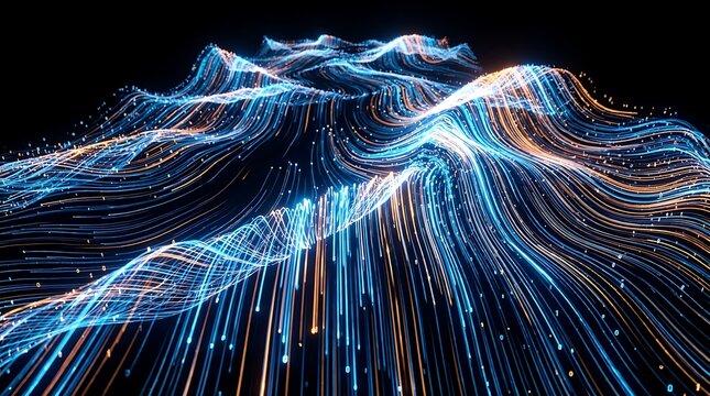 Abstract visualization of data streams and digital information flow across a landscape of glowing lines and particles on black background for science and tech.