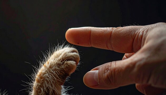 Tiny kitten paw and human finger touching on a dark background
