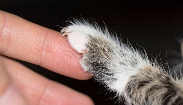 Close up of a cute kitten paw holding a human finger isolated on black