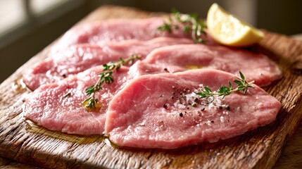 Fototapeta premium Close-up of fresh raw veal slices ready to cook on a kitchen board