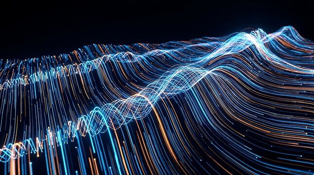 Abstract glowing waves of blue and orange light trails on a dark background representing sound waves or data visualization technology.