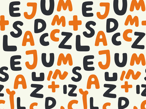 Seamless Hand-Drawn Alphabet Pattern with Playful Orange and Charcoal Letters