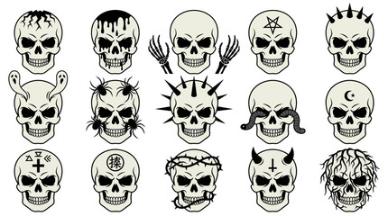 Fototapeta premium Set of 15 Gothic Skull Icons and Occult Illustrations for Tattoos and Halloween