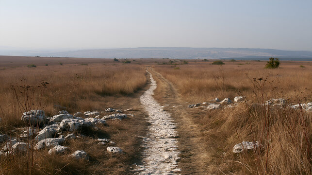 Pale chalk path running across dry downland to the horizon