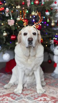 Cute Labrador retriever wearing reindeer antlers sits calmly in front of a decorated Christmas tree while colorful festive lights twinkle in the background, creating a cozy holiday mood.