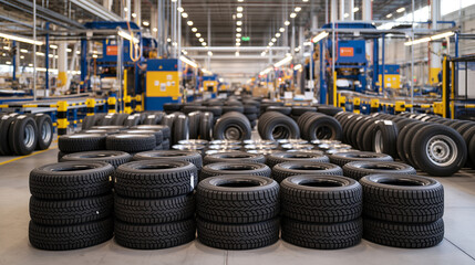 Fototapeta premium Modern Tire Manufacturing Floor with Organized Rubber Products and Machinery