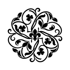 Circular black flourish ornament featuring symmetrical swirls, clover leaves, and a central fleur de lis motif on white background © moriom  