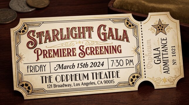 Vintage style Starlight Gala premiere screening ticket on a wooden table surface.