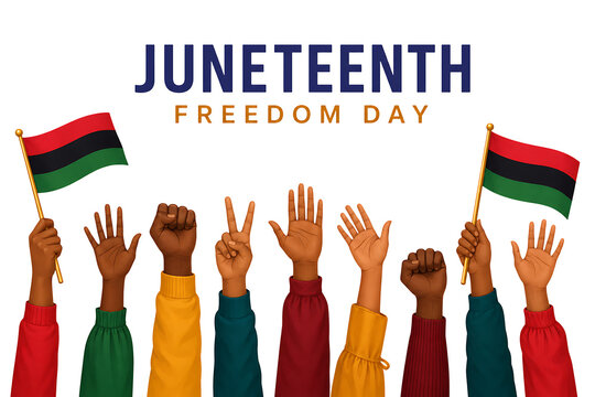 Juneteenth Freedom Day celebration with diverse raised hands and flags isolated on transparent background