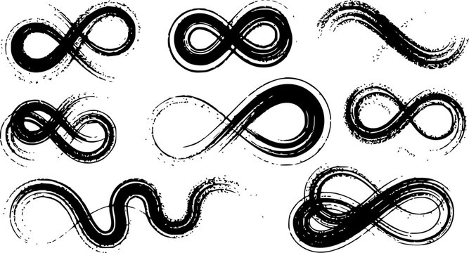 Hand drawn infinity symbols collection featuring rustic brush strokes and black ink textures in a creative minimalist vector graphic design style