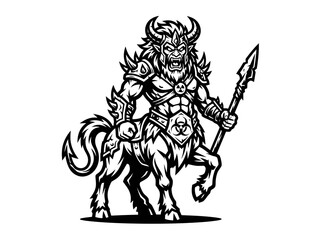 Fototapeta premium Fierce Mythical Centaur Warrior with Horns and Spear, Isolated