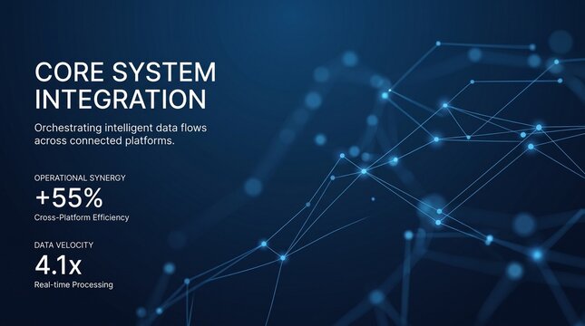 Core system integration dashboard with digital network data visualization and analytics.