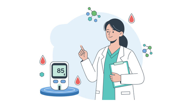 Female doctor in a white lab coat pointing to a digital glucose meter showing a blood sugar reading of eighty five.