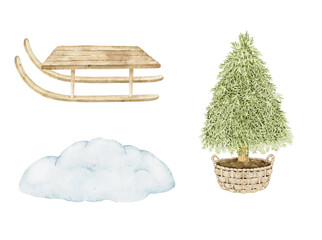 Watercolor Christmas illustration set with a wooden sled, evergreen tree and snow cloud, suitable for greeting cards, children stationery, invitations, nursery decor, posters and crafts.