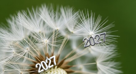 Fototapeta premium A dandelion seed head holding metallic year figures