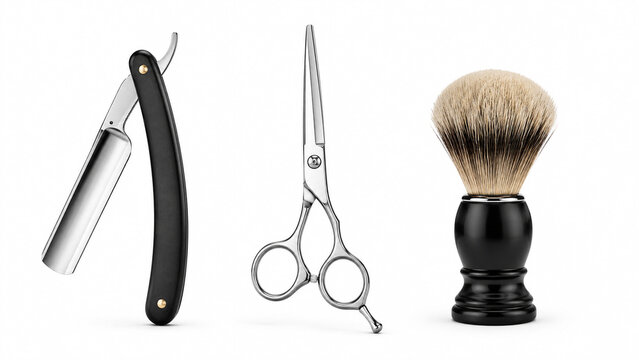 Vintage barber grooming tools set with straight razor scissors and shaving brush isolated on white background.