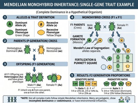 Mendelian monohybrid inheritance diagram explaining single gene traits dominant alleles punnett square with mendelian monohybrid inheritance genetics education infographic dominant recessive