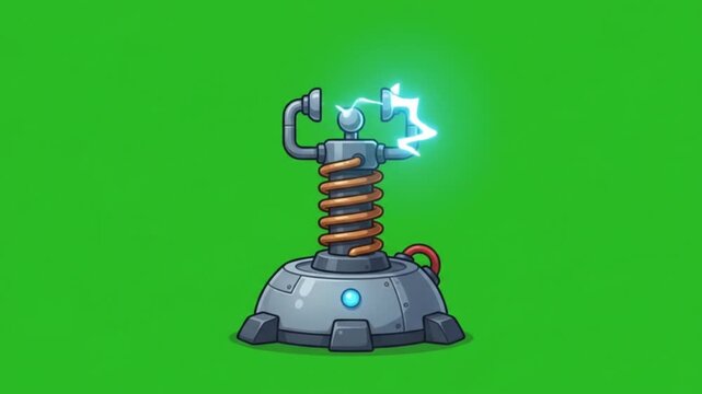 Cartoon Tesla coil with electric spark isolated on green screen background