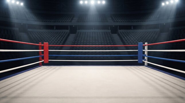 Empty professional boxing ring inside a large arena, cinematic sports event atmosphere