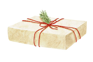 Watercolor Christmas illustration of a beige gift box with red ribbon and pine sprig, suitable for holiday cards, children's stationery, nursery decor, invitations, wrapping and crafts.