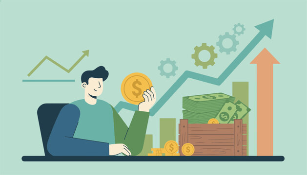 Man sitting at his desk and holding a gold coin while looking at rising financial charts and stacks of cash.