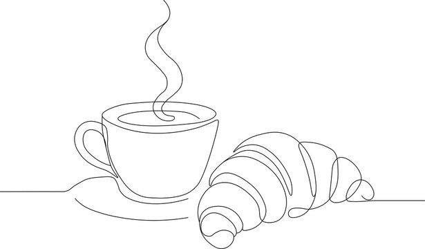 Continuous line drawing of cup with steam and fresh croissant for cafe concept.