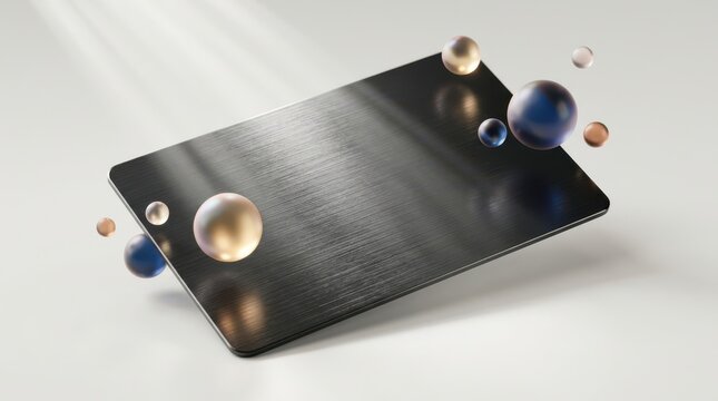 Black metallic card with floating glossy spheres