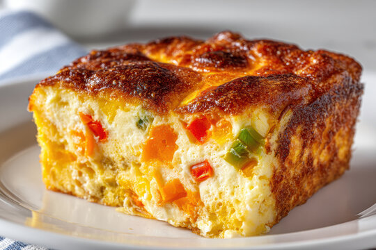 A close-up of a slice of colorful vegetable frittata with a golden, crispy top served on a white plate.